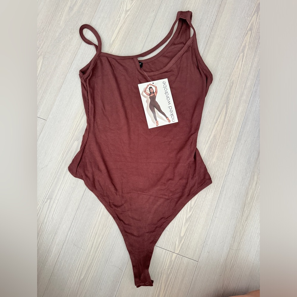 Naked Wardrobe Asymmetrical Strap Ribbed Bodysuit Brown XL